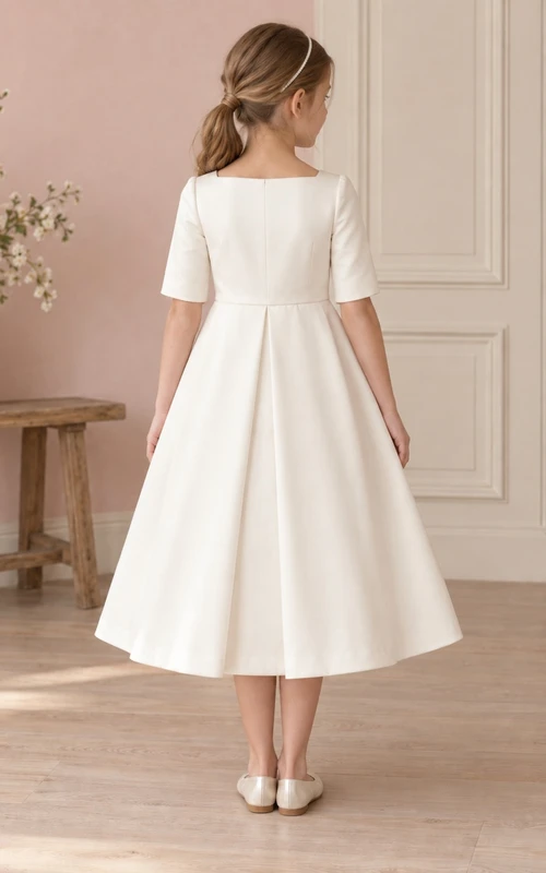 Modest Simple Square Neck Ivory Tea-length Elbow Sleeve Deep Flat Pleat Flower Girl Dress