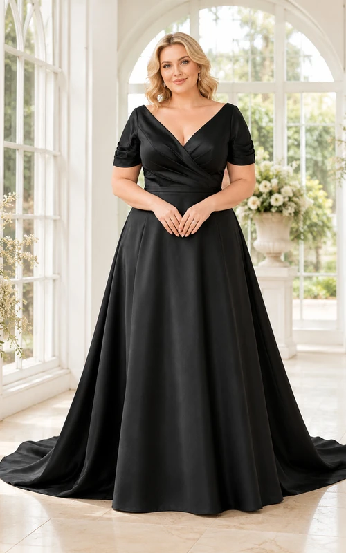 Elegant Black Plus Size V Neck Short Sleeve Satin A-Line Wedding Gown
