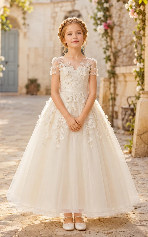 Robe de demoiselle d'honneur en dentelle ivoire et tulle, coupe trapèze, manches courtes, col rond, longueur midi, détail ceinture.