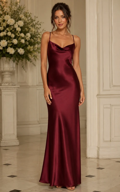 Robe de demoiselle d'honneur fourreau en satin bordeaux à col bénitier