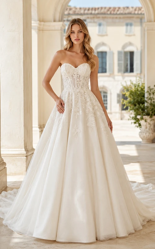 Robe de mariée classique en satin et dentelle, bustier cœur, traîne cathédrale