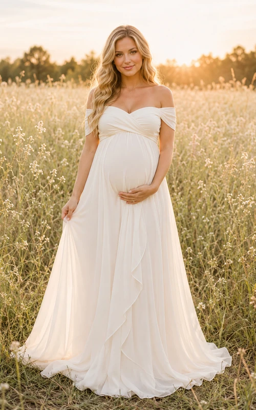 Off shoulder empire chiffon maternity meadow maxi photo dress