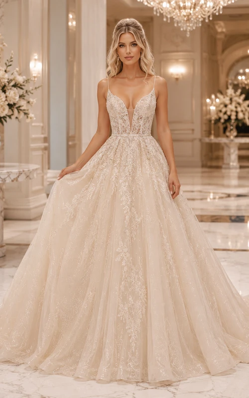 Robe de bal en dentelle florale rose poudré à fines bretelles et col en V, robe de mariée de luxe avec traîne chapelle