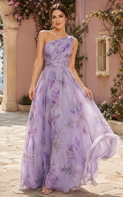 Lavender Floral One-Shoulder Chiffon A-Line Floor-Length Romantic Summer Gown
