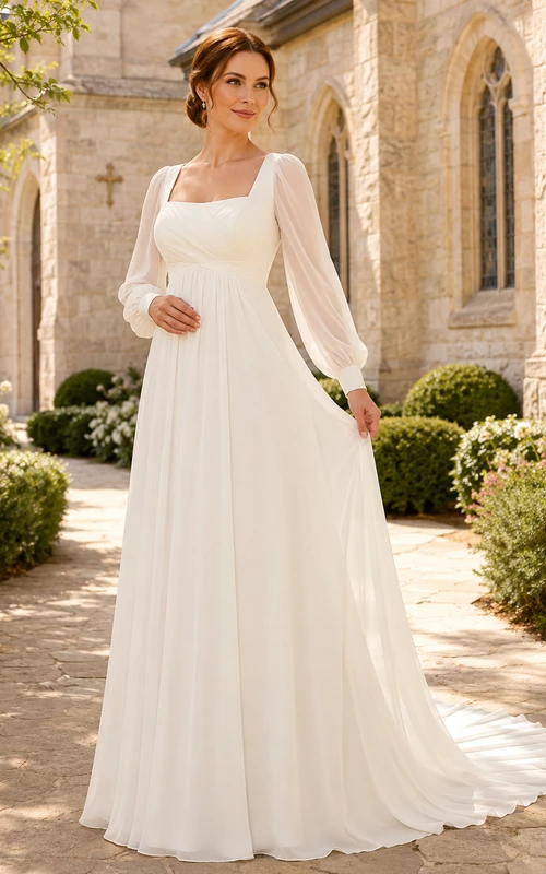 Vestido de novia bohemio de gasa, corte en A, escote cuadrado, manga larga, cola larga.