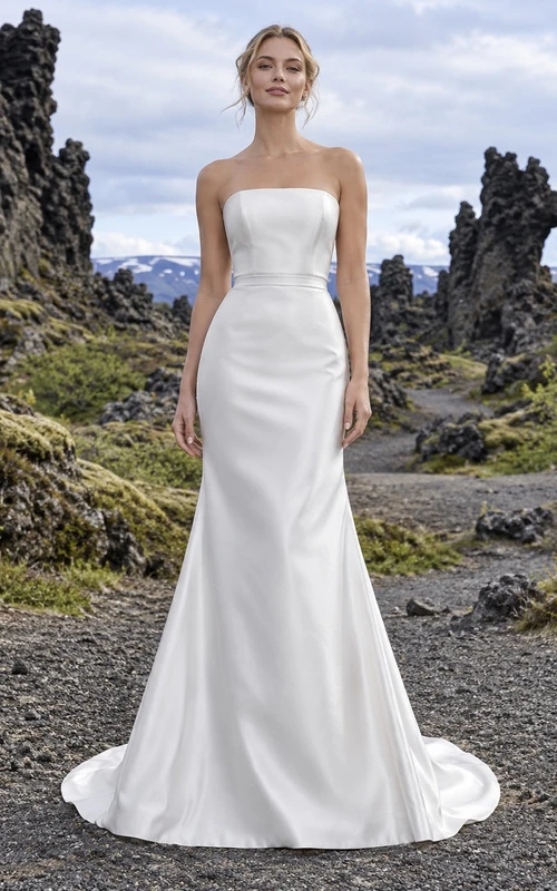 Sencillo vestido de novia palabra de honor de tafetán, corte tubo, escote recto y cola corta.