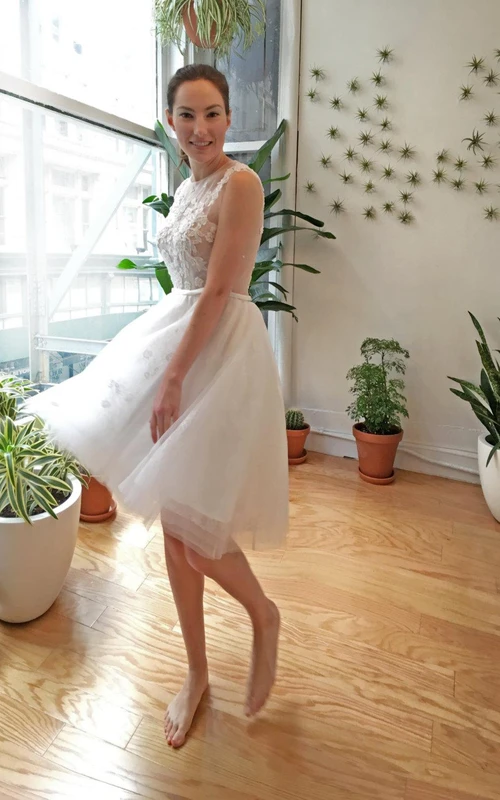 Tea Length Sleeveless Jewel Neck Organza Dress With Keyhole Back
