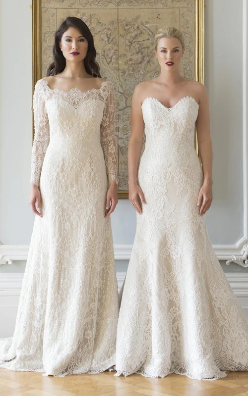 Vestido de novia largo de encaje con escote barco, mangas ilusión y corte en A