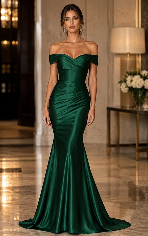Dark Green Off-the-Shoulder Satin Mermaid Evening Gown