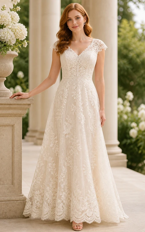Vestido de novia sencillo y modesto de talla grande con mangas cortas de encaje festoneado y corte en A