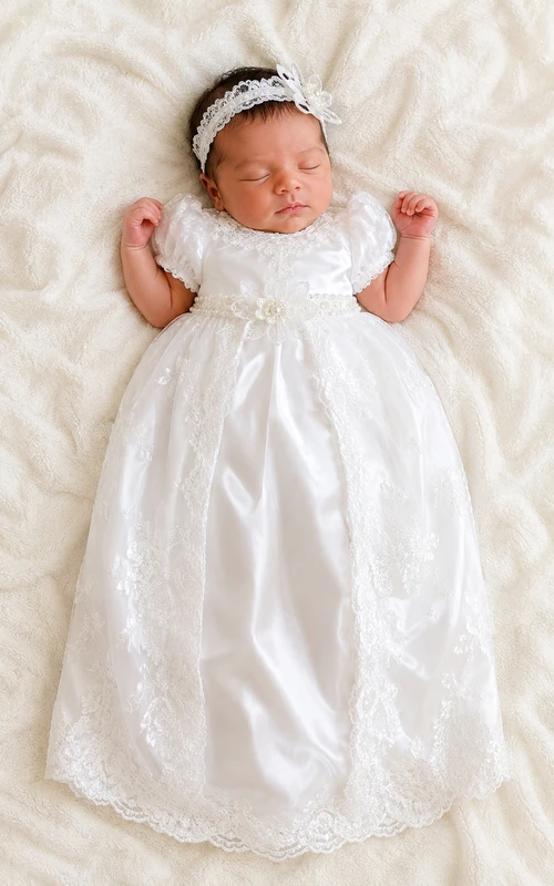 Schlichtes Taufkleid für Babys, A-Linie, Puffärmel, aus Tüllspitze, bodenlang, mit Schleifenschärpe in Weiß