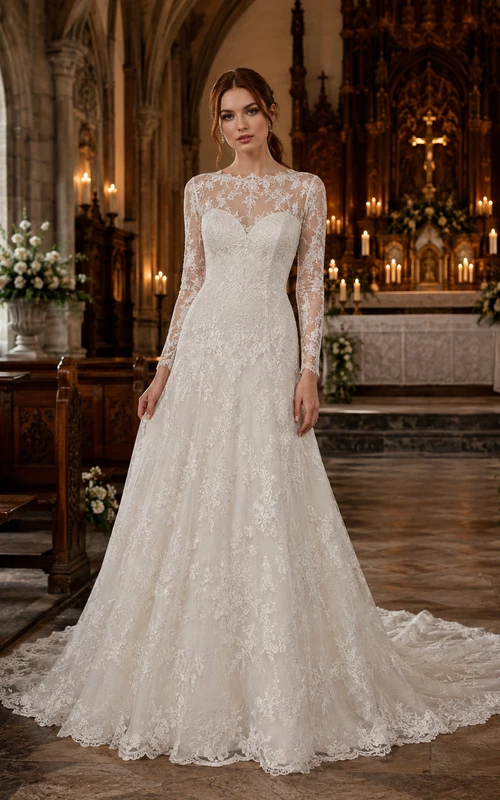 Vestido de novia de capilla con escote alto y cintura baja y encaje