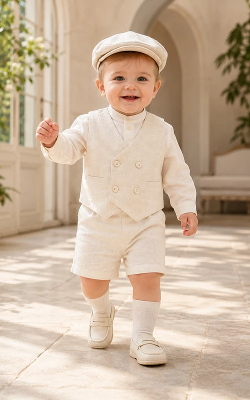 Ivory Textured Vest Cap Long Sleeve Christening Short Suit for Baby Boy
