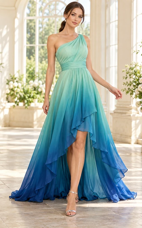 High-low Turquoise Blue Ombre One Shoulder Chiffon Formal Evening Gown
