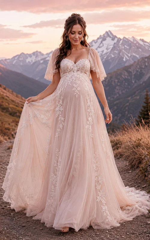 Maternity Wedding Dress Sweetheart Flutter Sleeve Lace Mountain Bridal Gown with Soft Train