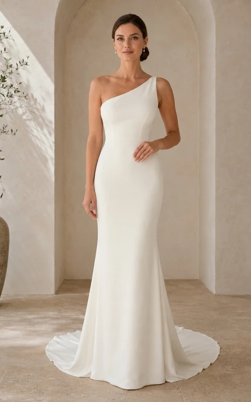 Vestido de novia sencillo de sirena con un solo hombro y cola asimétrica