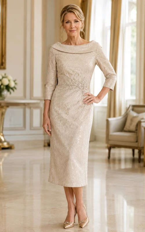 Robe de mariée fourreau en dentelle champagne, manches 3/4, col bénitier, longueur genou