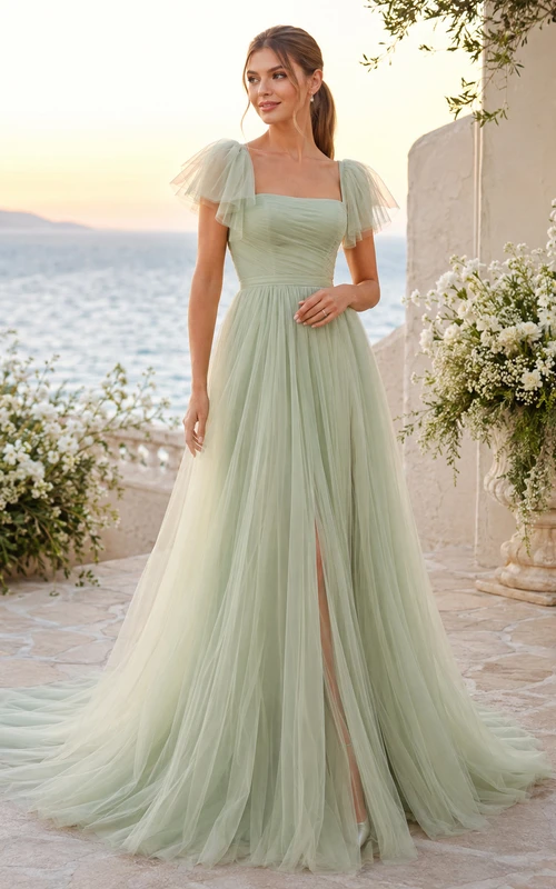 Robe de mariée trapèze en mousseline de soie, col carré, manches papillon et fente, couleur sauge