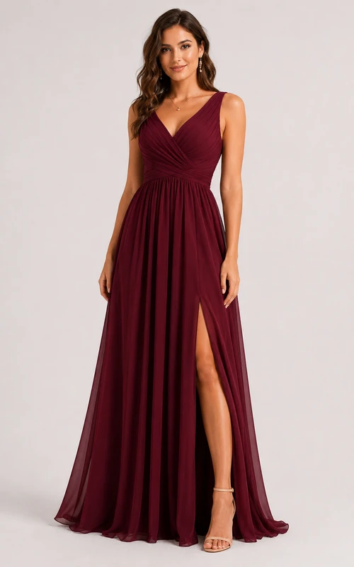 Chiffon Prom Dress in Burgundy, V-neck, Straps A-Line Floor-Length Gown with Pleats