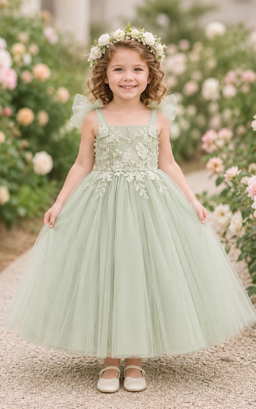 Vestido de niña de flores de corte A con tul y encaje color salvia, cuello joya y falda a la altura de la rodilla.