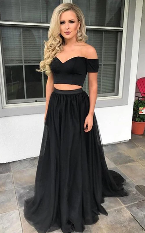 Robe de bal simple deux pièces sans manches en tulle, longue jusqu'au sol et à traîne balayée