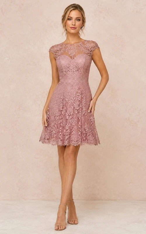 Mini-Abendkleid in Altrosa mit Schmuckkragen, kurzen Ärmeln, Glitzertüll und Spitze in A-Linie
