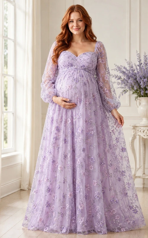 Langärmeliges, lavendelfarbenes, romantisches Chiffon-Umstandskleid mit eckigem Ausschnitt und Empire-Schnitt