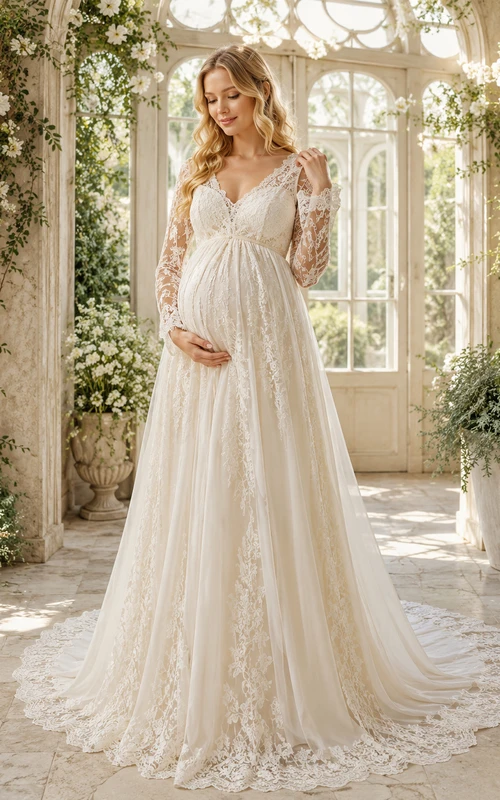 Maternity Wedding Dress V-Neck Long Sleeve Lace Garden Bridal Gown with Chapel Train
