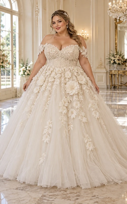 Vestido de novia de talla grande con escote corazón, hombros descubiertos y estampado floral, falda de tul con cuentas.