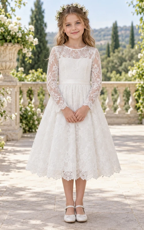 Tea-length Long Sleeve White Floral Jewel Illusion A-Line Lace Scalloped Cuff Hem Sash Flowergirl Dress