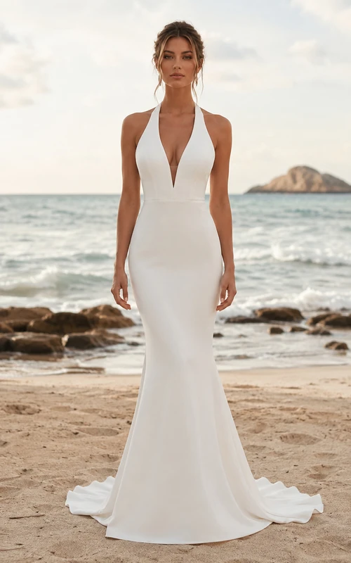 Robe de mariée sirène en crêpe dos nu avec décolleté plongeant en V et traîne basse.