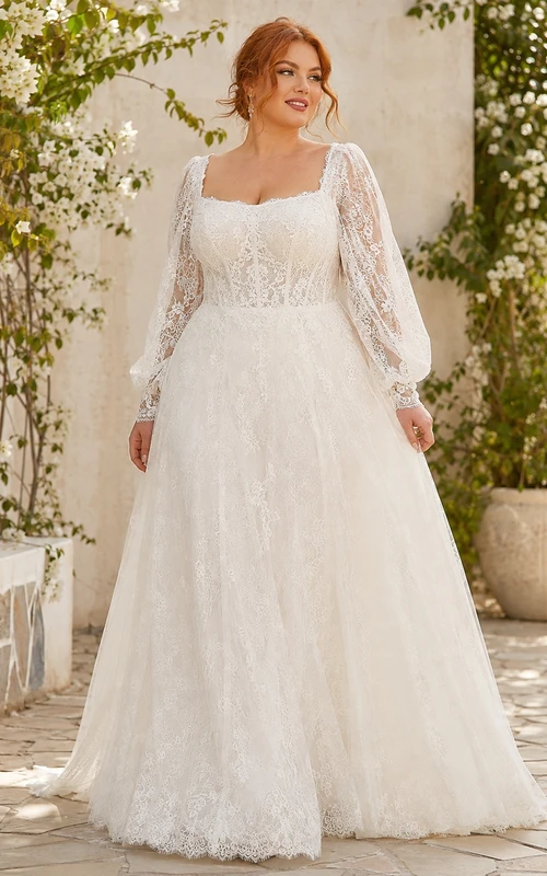 Plus Size Langarm-Hochzeitskleid im Empire-Stil mit eckigem Ausschnitt und Spitze im Boho-Stil
