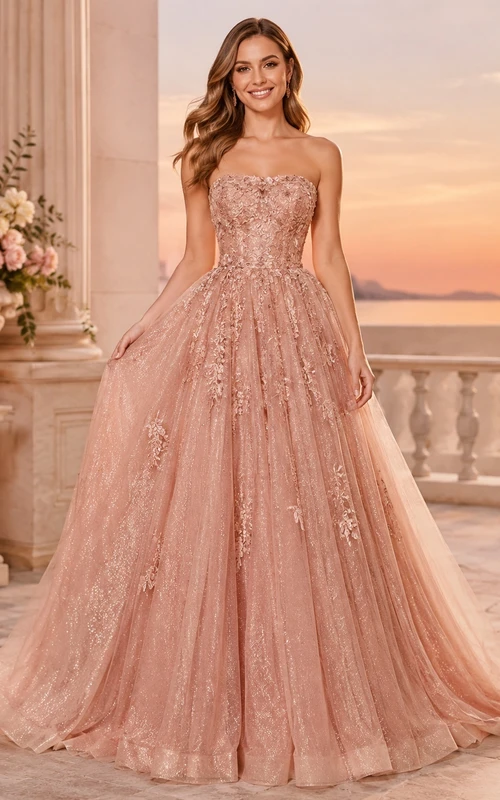 Dusty Rose Prom Ball Gown Glitter Tulle Strapless Applique Sweep Train Luxury