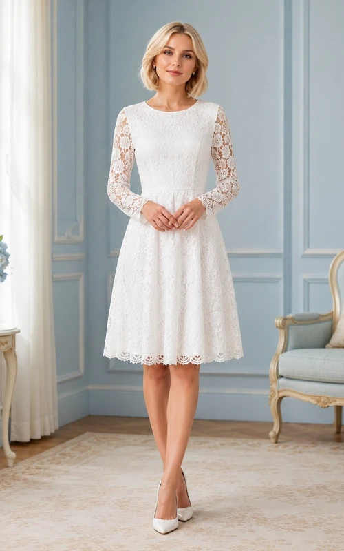 White Jewel Neck Illusion Long Sleeve Lace Flowergirl Dress