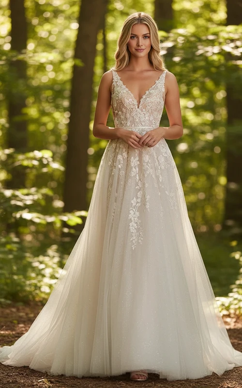 Hochzeitskleid aus Spitze und Tüll mit V-Ausschnitt