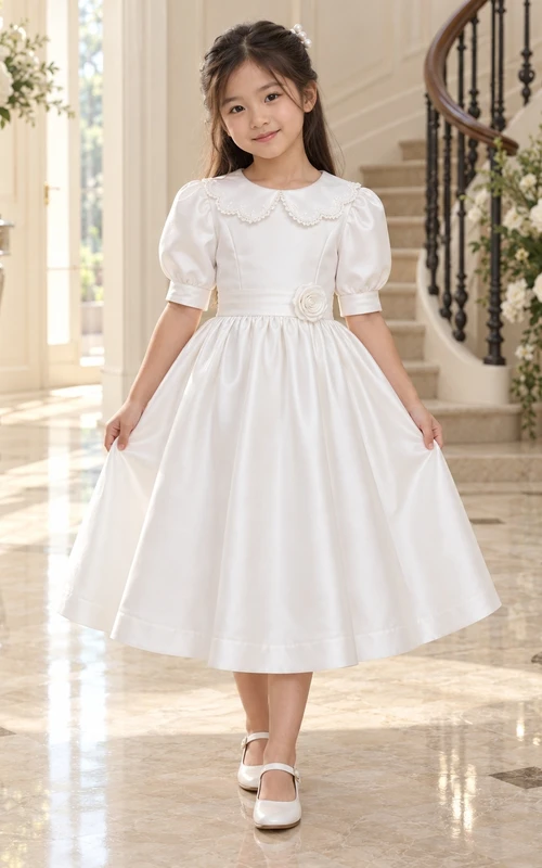 Vestido de niña de flores vintage blanco de corte A, largo hasta la rodilla, de satén, con mangas abullonadas, cuello festoneado y cintura ajustada.