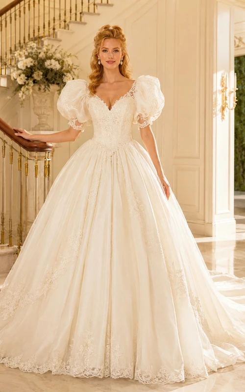 Vestido de novia vintage romántico de manga corta con escote en V y encaje color crema