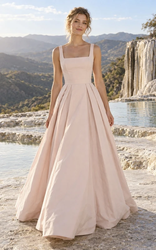 Schlichtes, rosafarbenes Brautkleid aus Baumwollpopeline mit eckigem Ausschnitt und ärmellosem, plissiertem A-Linien-Rock