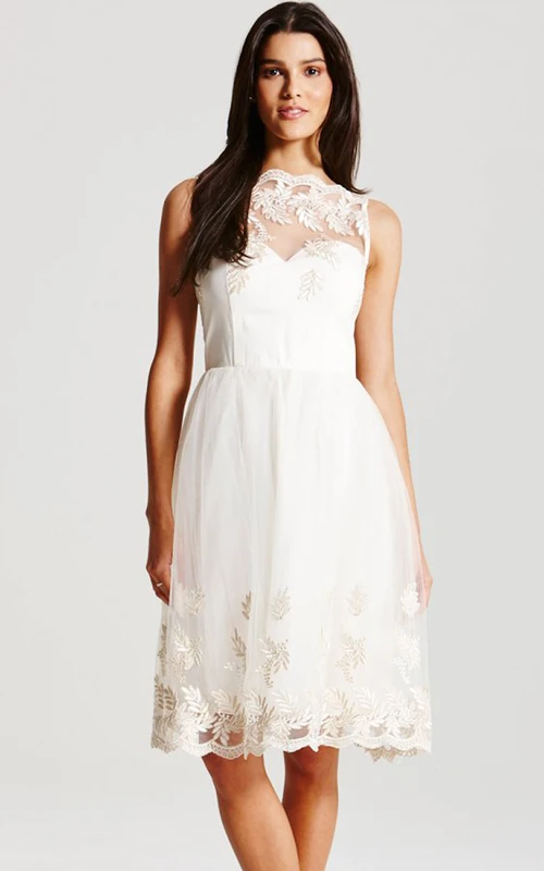 Knielanges Kleid mit hohem Kragen, Spitze und transparenten Trägern