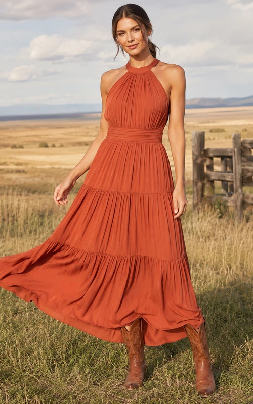 Terracotta halter tiered ranch wedding guest midi dress