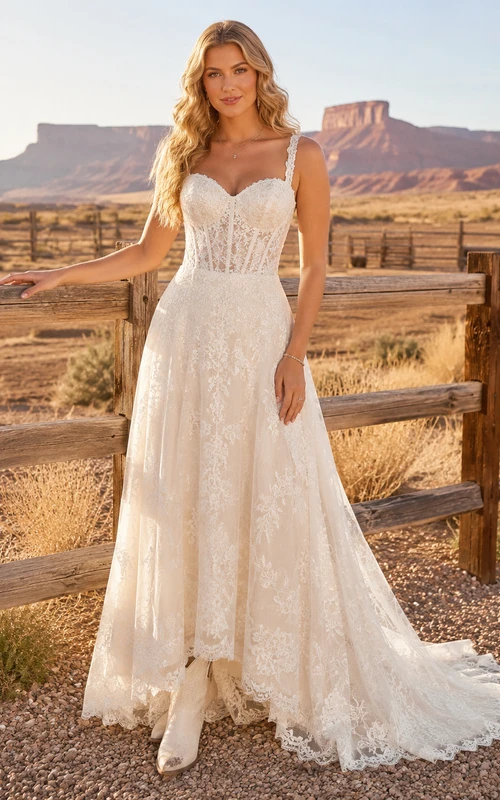 Western Rustic Straps Lace A-Line Wedding Dress With Train