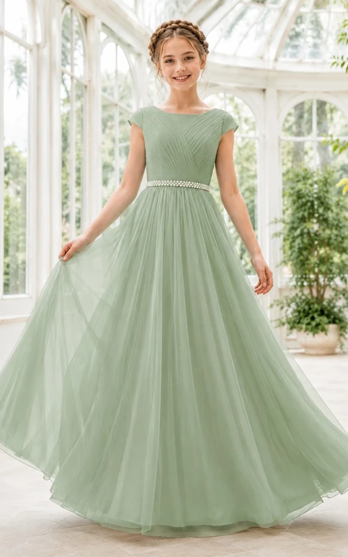 Celadonfarbenes Brautjungfernkleid im A-Linien-Stil mit kurzen Ärmeln, Chiffon und Perlenbesatz an der Taille – elegant