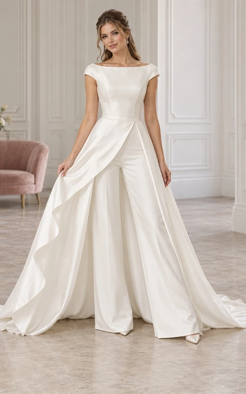 Boat Neck Cap Sleeve Asymmetric Overskirt Wide Bridal Jumpsuit
