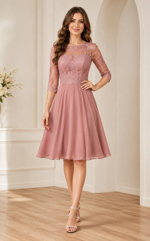Schlichtes, staubrosafarbenes, dreiviertelärmeliges Spitzenkleid für den Abschlussball, Gartenkleider für Damen