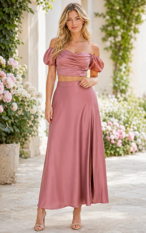 Two Piece Dusty Rose Off-Shoulder Puff Sleeve Satin Ankle-Length Dress