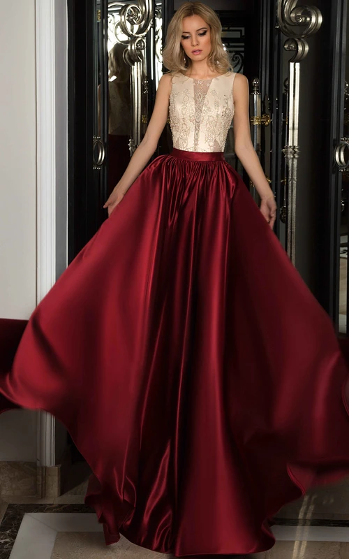 Ärmelloses, langes A-Linien-Abendkleid aus Satin mit Spitze, tiefem Ausschnitt, Illusionsrücken und Perlenstickerei