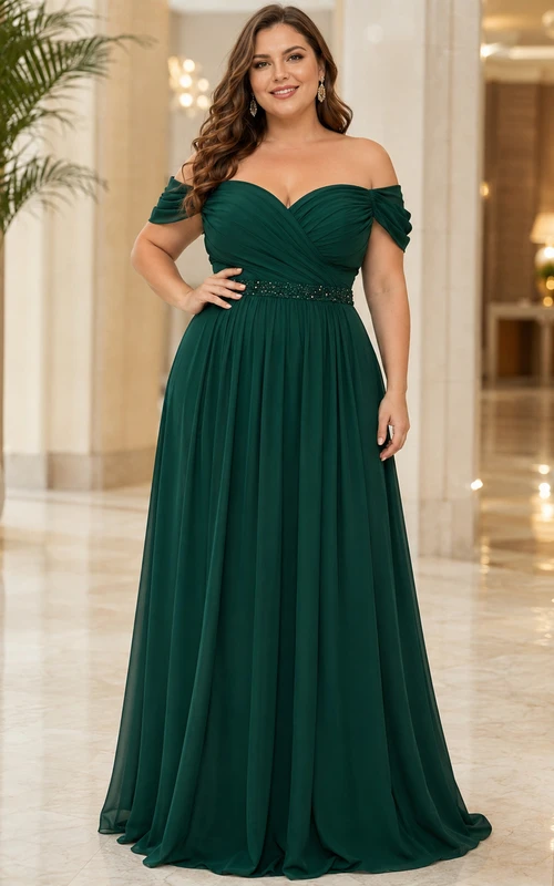 Smaragdgrünes, bodenlanges, schulterfreies Chiffon-Abendkleid in A-Linie mit kurzen Ärmeln und smaragdgrünem Muster