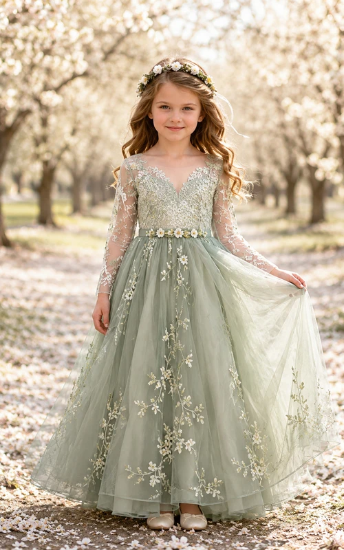 Flower Girl Dress Sage Lace Tulle A-Line Jewel Neck Tea Length