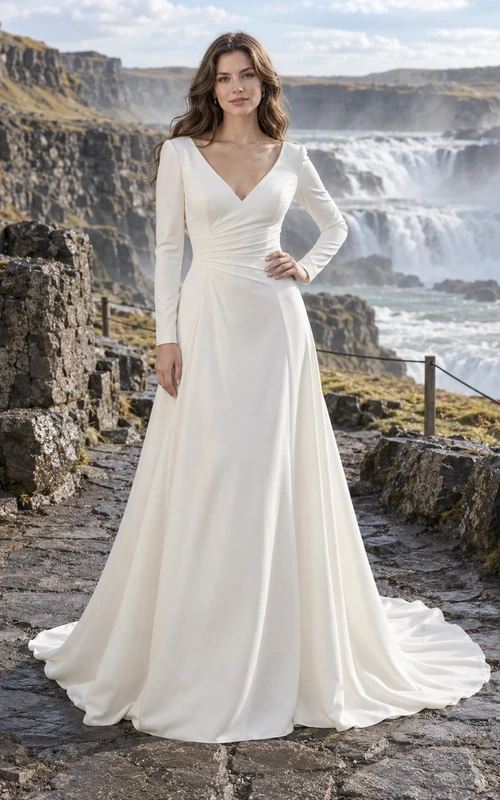 Vestido de novia sencillo de crepé con escote en V y manga larga, corte en A, cintura fruncida y espalda abotonada.