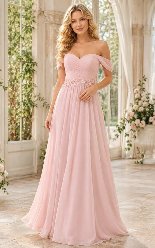 Romantisches, rosafarbenes, schulterfreies Chiffon-Abendkleid in A-Linie mit Herzausschnitt